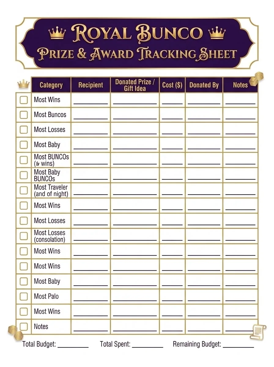 Preview of Royal Bunco Prize Award Sheet