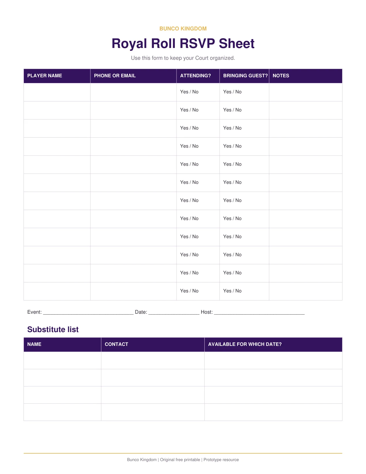 Preview of Royal Roll RSVP Sheet